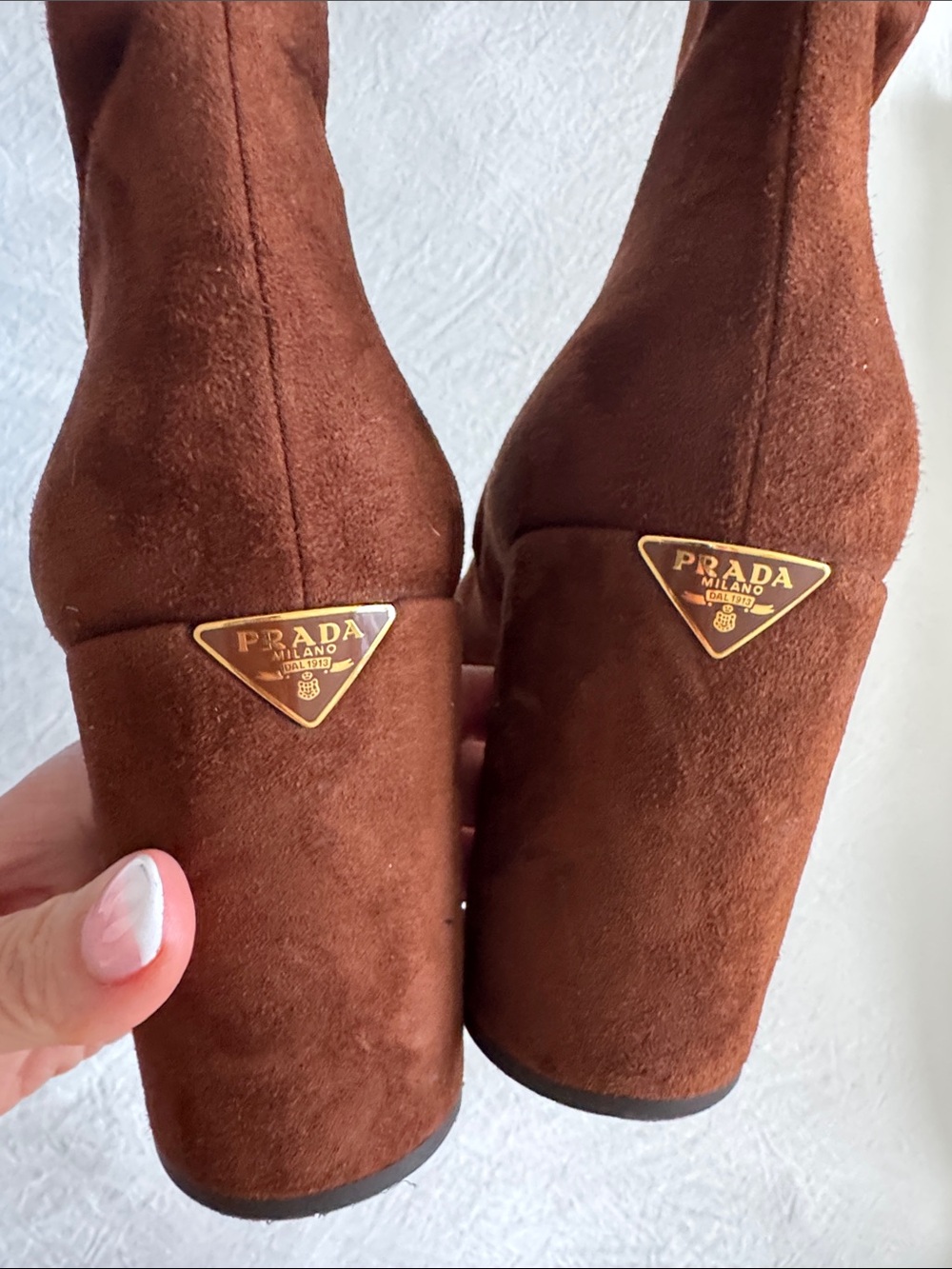 Prada Chestnut Brown Suede Block Heel Ankle Boots